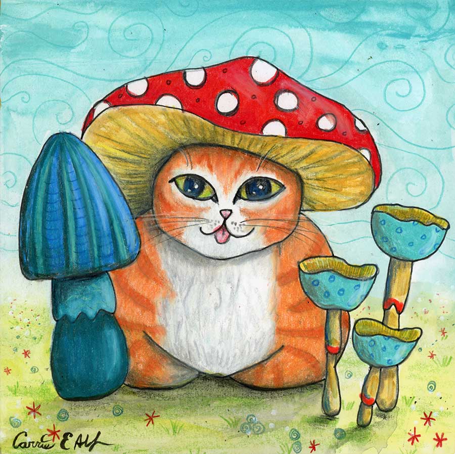 SOLD - Orange Tabby Mushroom Cat, 6" x 6", mixed media