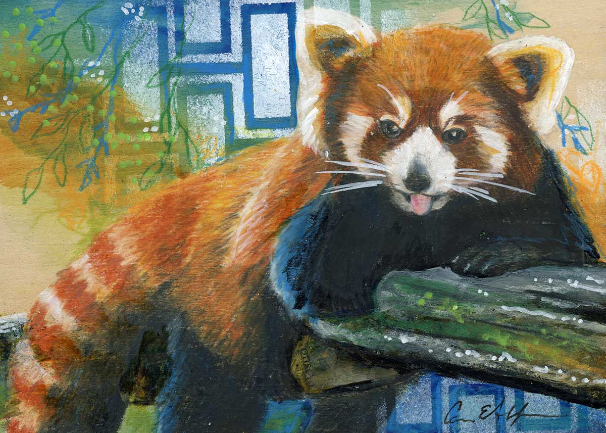 SOLD - Red Panda Loafing, 7" x 5", mixed media