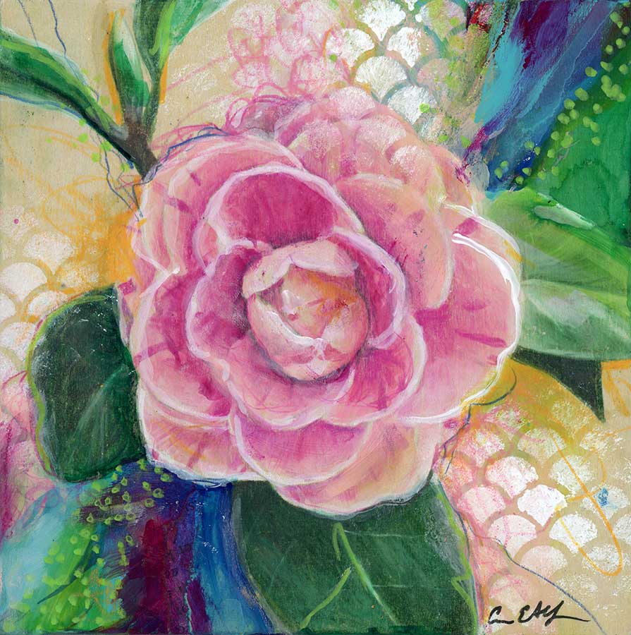 Single Camellia Blossom, 6" x 6", mixed media