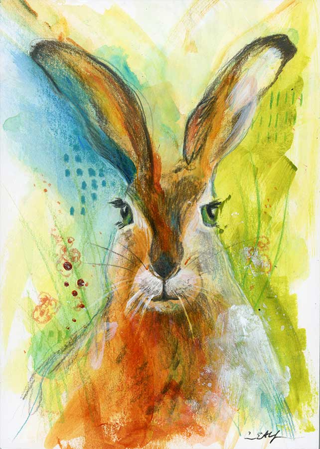 Rabbit in Late Summer, 5" x 7", mixed media