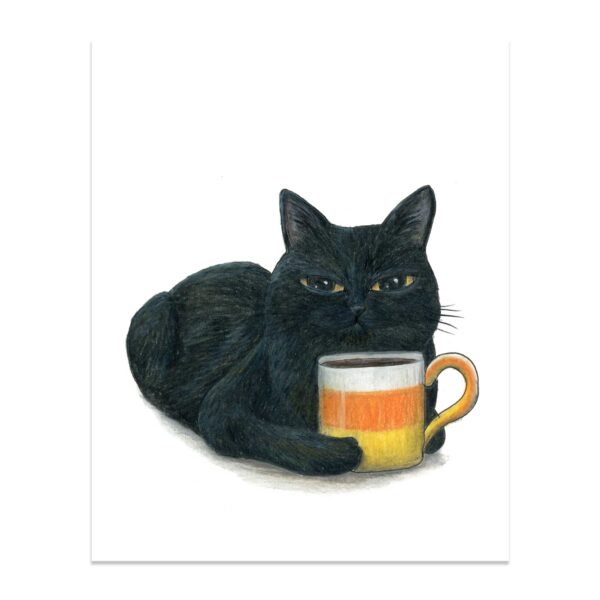 I Like My Coffee Black... Like My Soul Cat on White- Art Print
