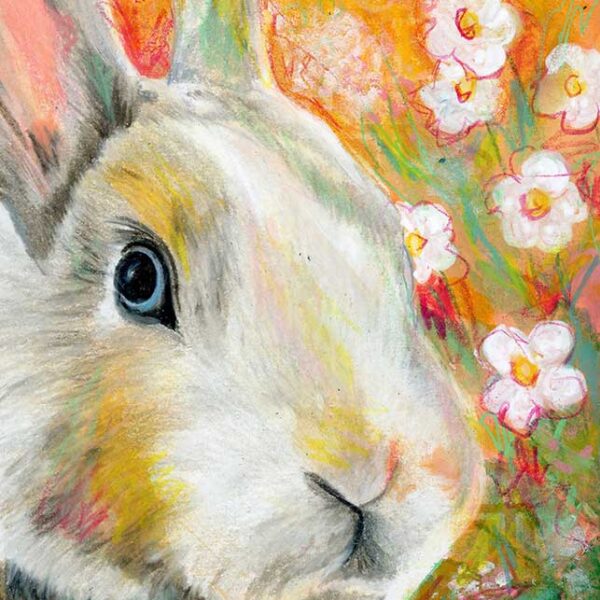 Bunny in Strawberry Blossoms, 5" x 7", mixed media