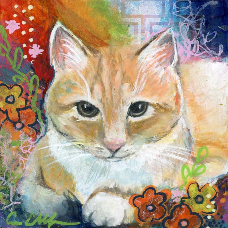 Cat in a Rainbow, 4" x 4", mixed media