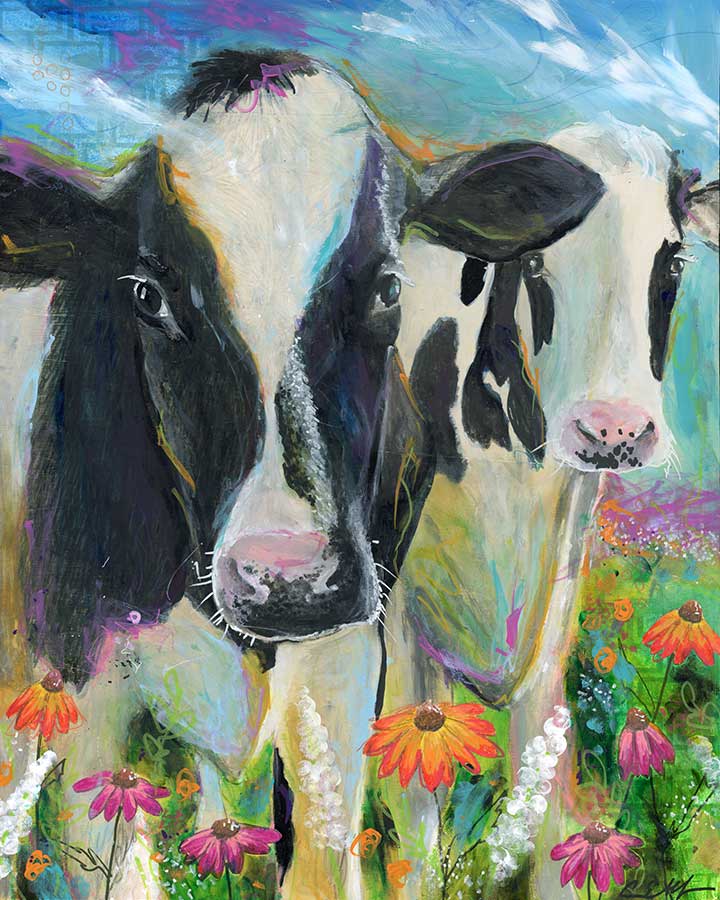 Cows in Cone Flowers, 16" x 20", mixed media
