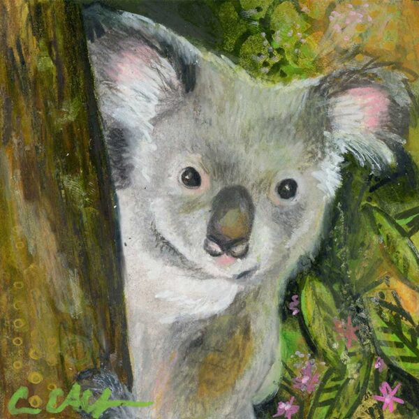 Peeking Koala, 4" x 4", mixed media