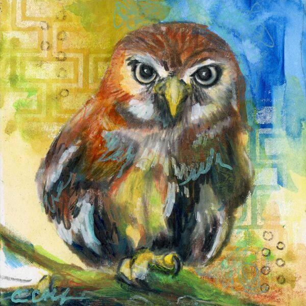 Watchful Owl, 4" x 4", mixed media