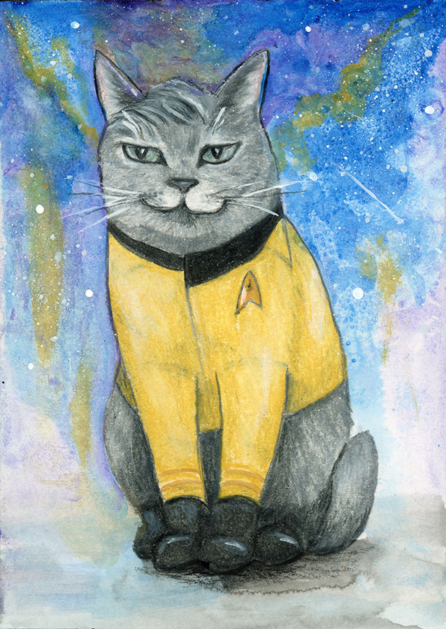 SOLD - Captain Pike Cat, 5" x 7", mixed media