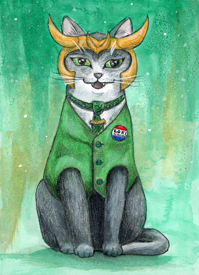 SOLD - Loki for President Cat, 5" x 7", mixed media
