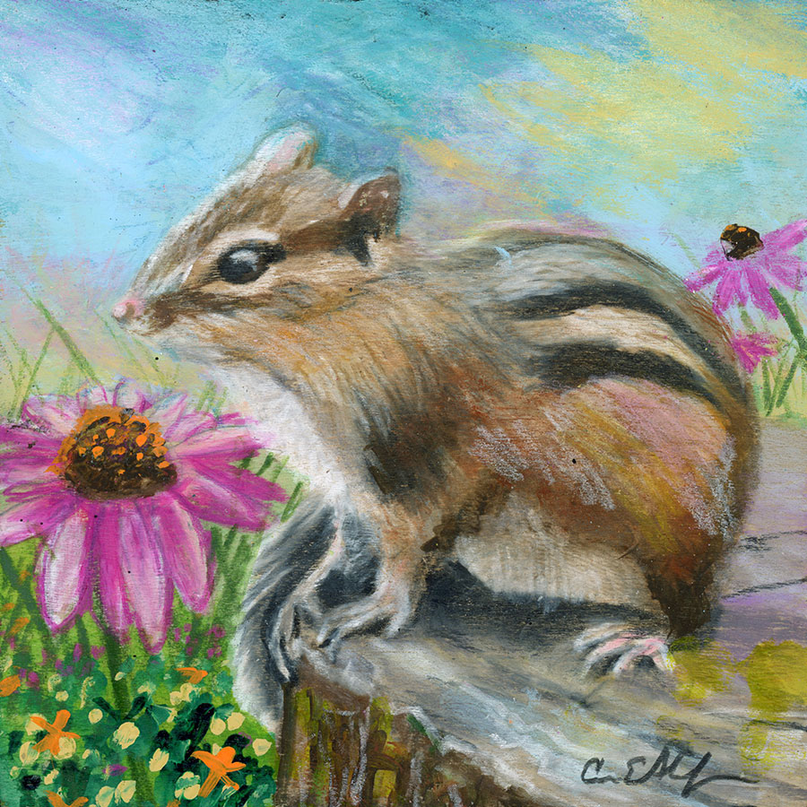 Chippy on a Stump, 4" x 4", mixed media