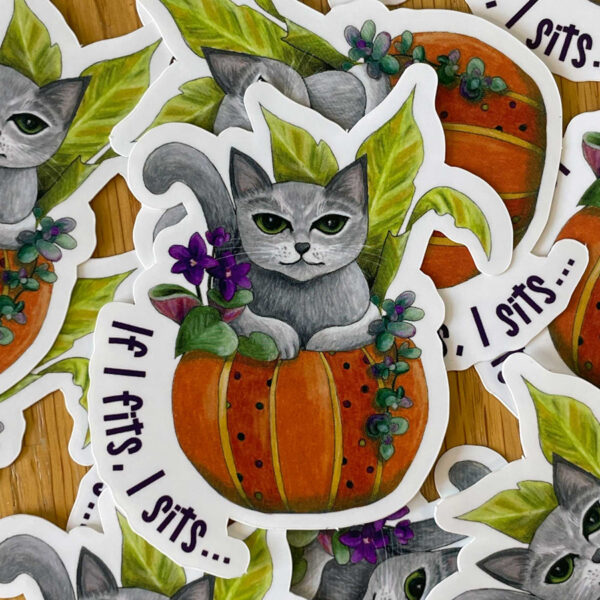 Sticker - If I Fits, I Sits Gray Cat in Pumpkin