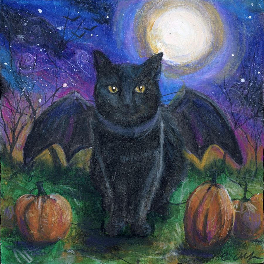 Batty Cat, 6" x 6", mixed media