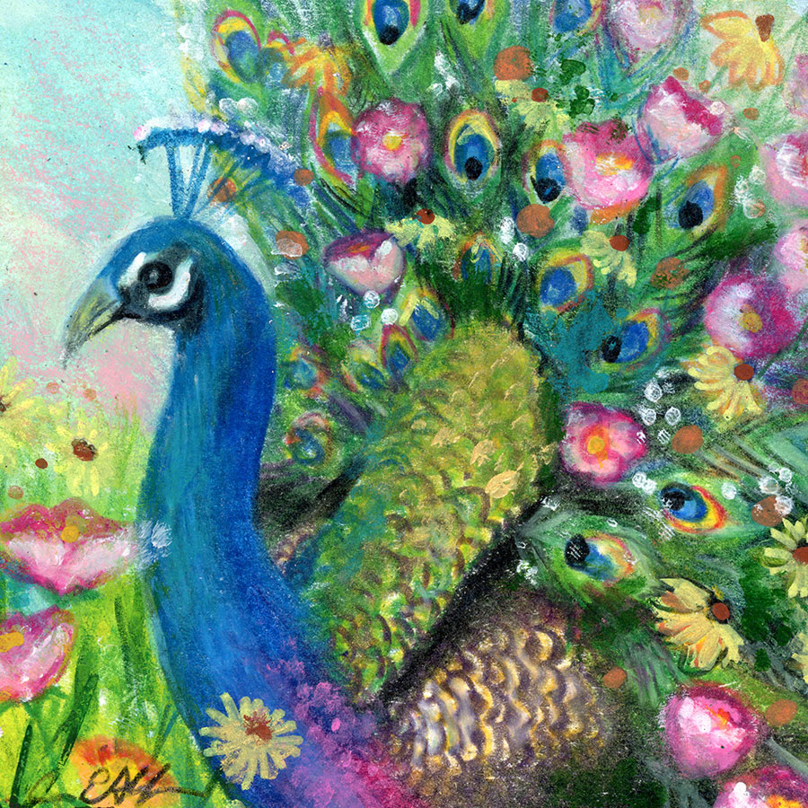 SOLD - Floral Peacock, 4" x 4", mixed media