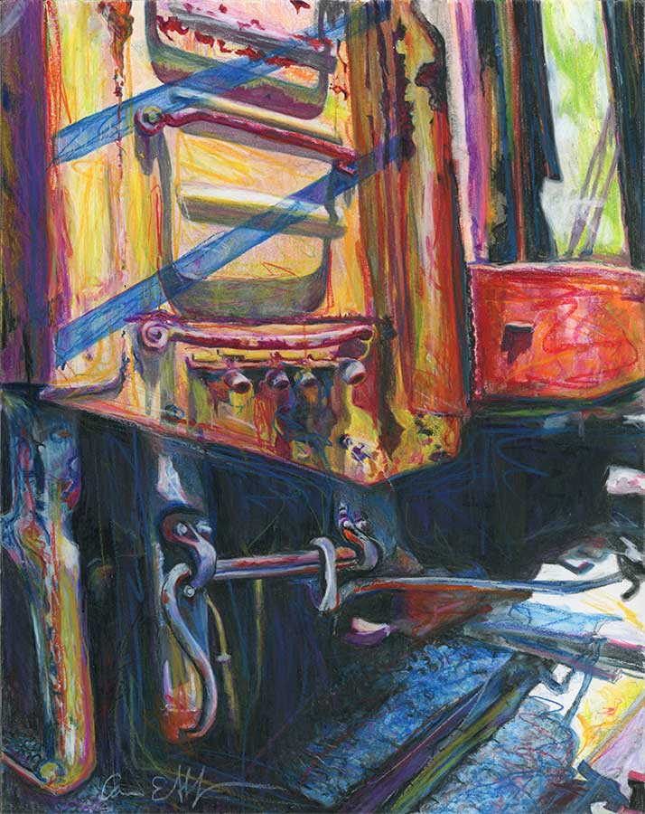 SOLD - "Locomotion", 12" x 12", colored pencil and wax