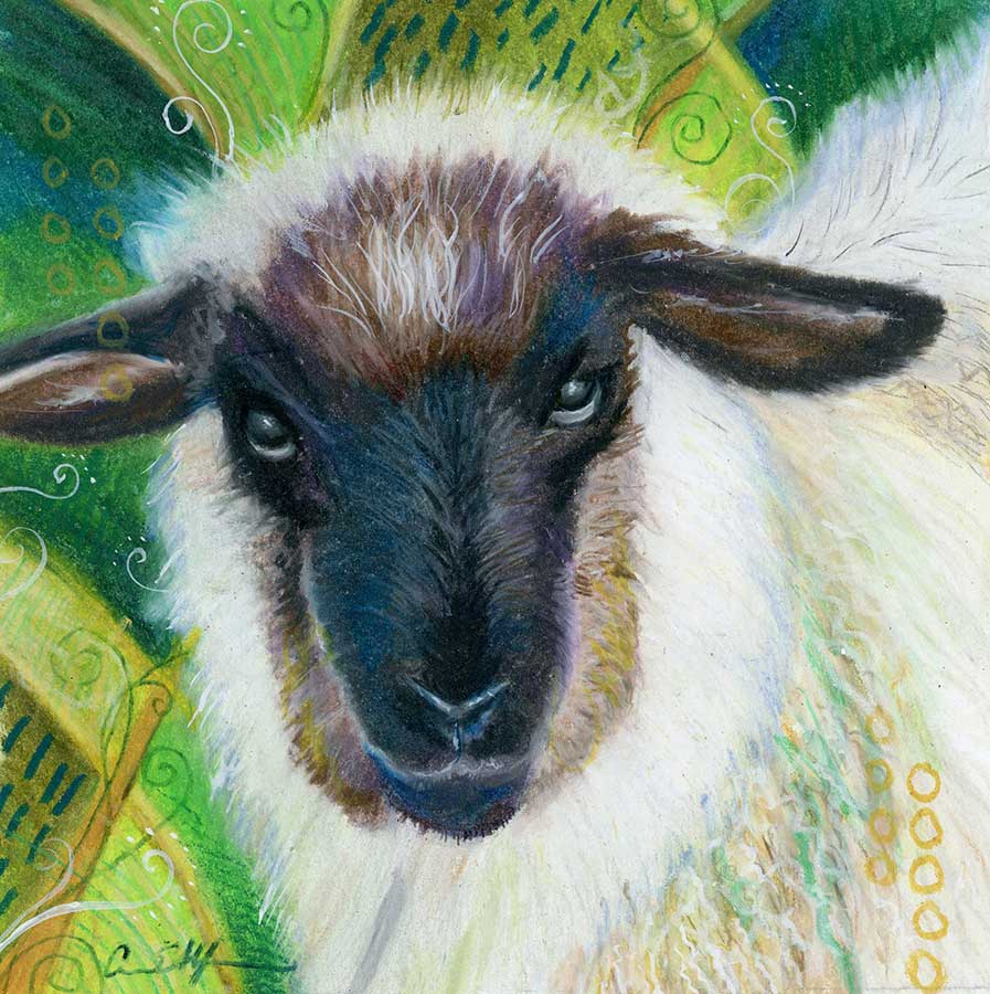 SOLD - Spring Sheep, 6" x 6", mixed media