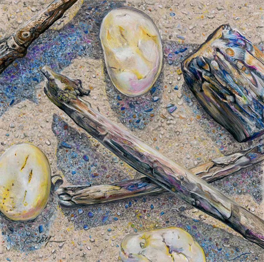 Sticks and Stones, 12" x 12" colored pencil