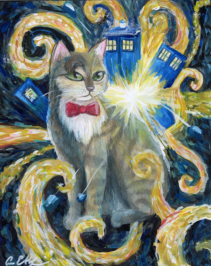 The Pandorica Meowpens, 8" x 10", mixed media