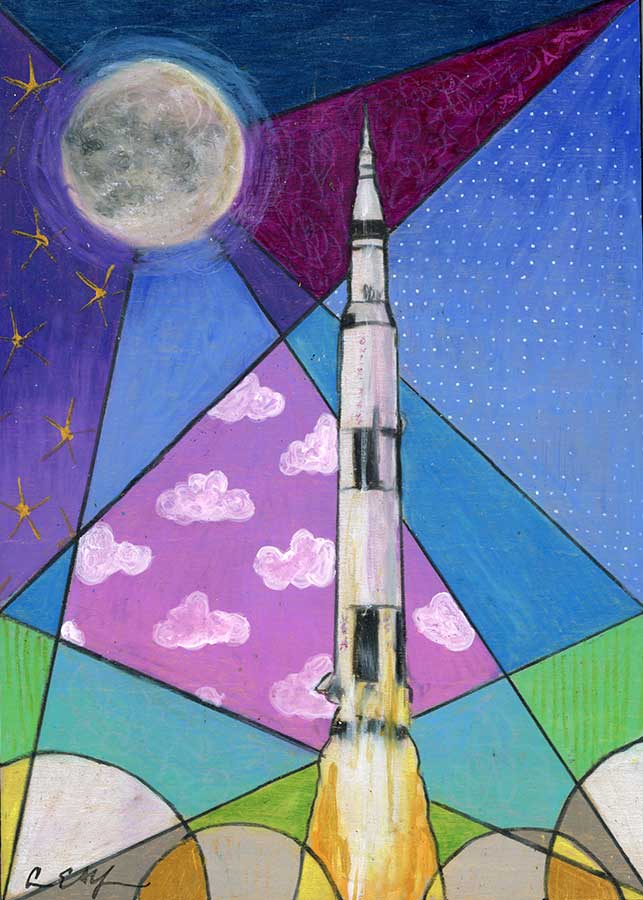 Apollo 11 Moon Shot, 5" x 7", mixed media