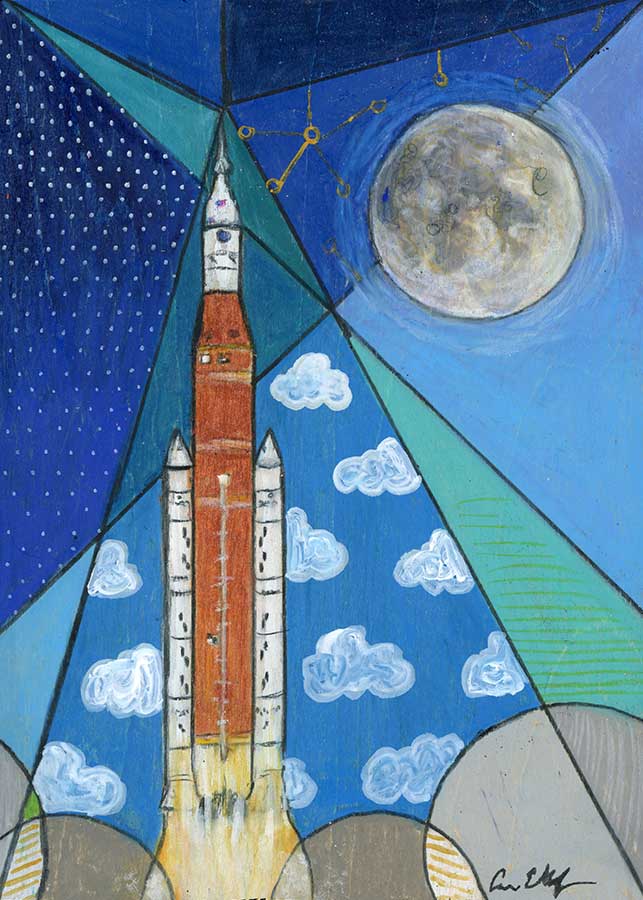 SOLD - Artemis 1 Launch, 5" x 7", mixed media