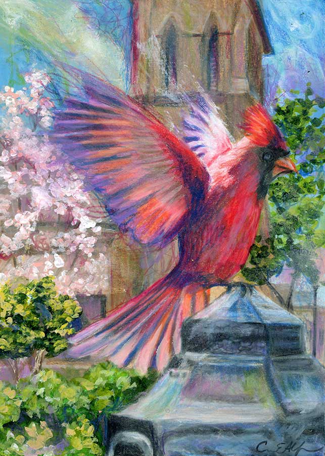SOLD - Cardinal Landing at the Church of the Nativity, 5" x 7", mixed media