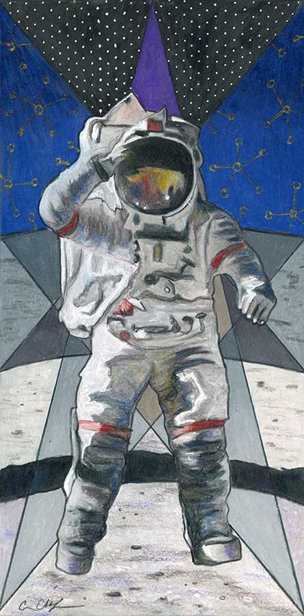 SOLD - Jumping Salute, 6" x 12", mixed media