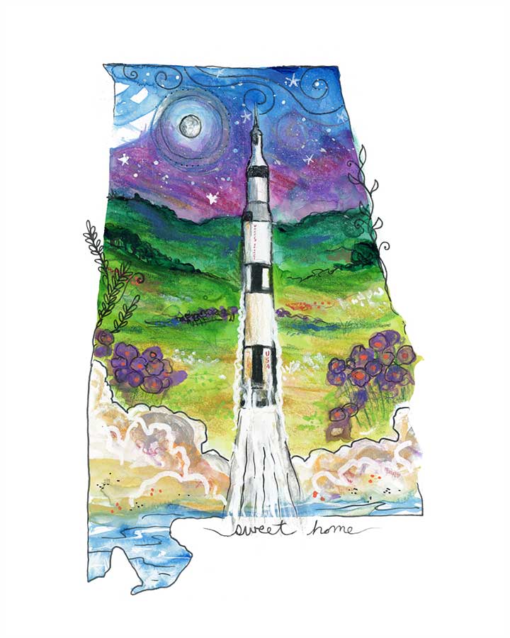 SOLD - Sweet Home Saturn V, 8" x 10", mixed media