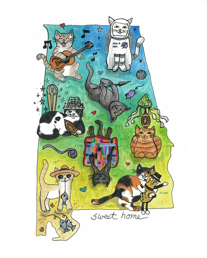 SOLD - Alabama Cats, 8" x 10", mixed media