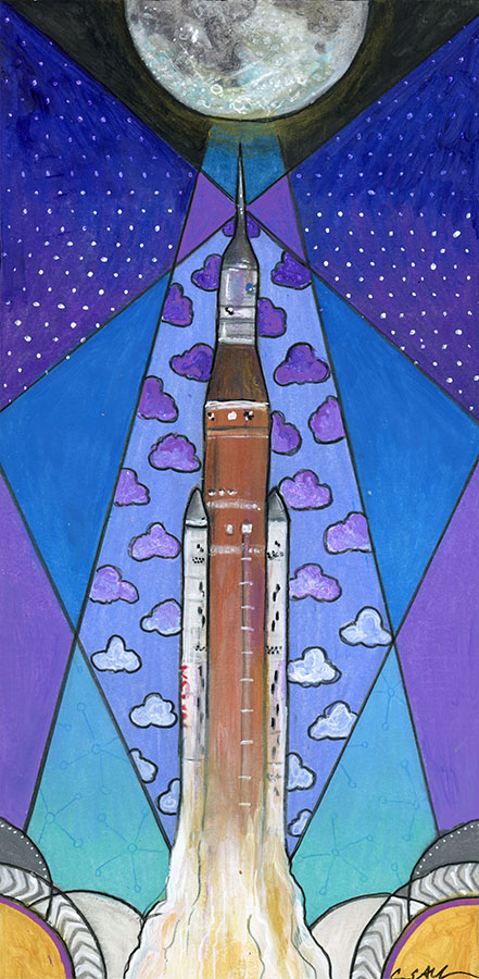 SOLD - Artemis 1 Launch, 6" x 12", mixed media