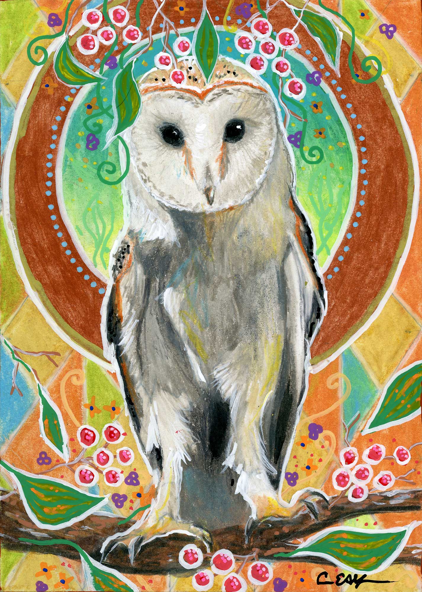 SOLD - Barn Owl and Berries