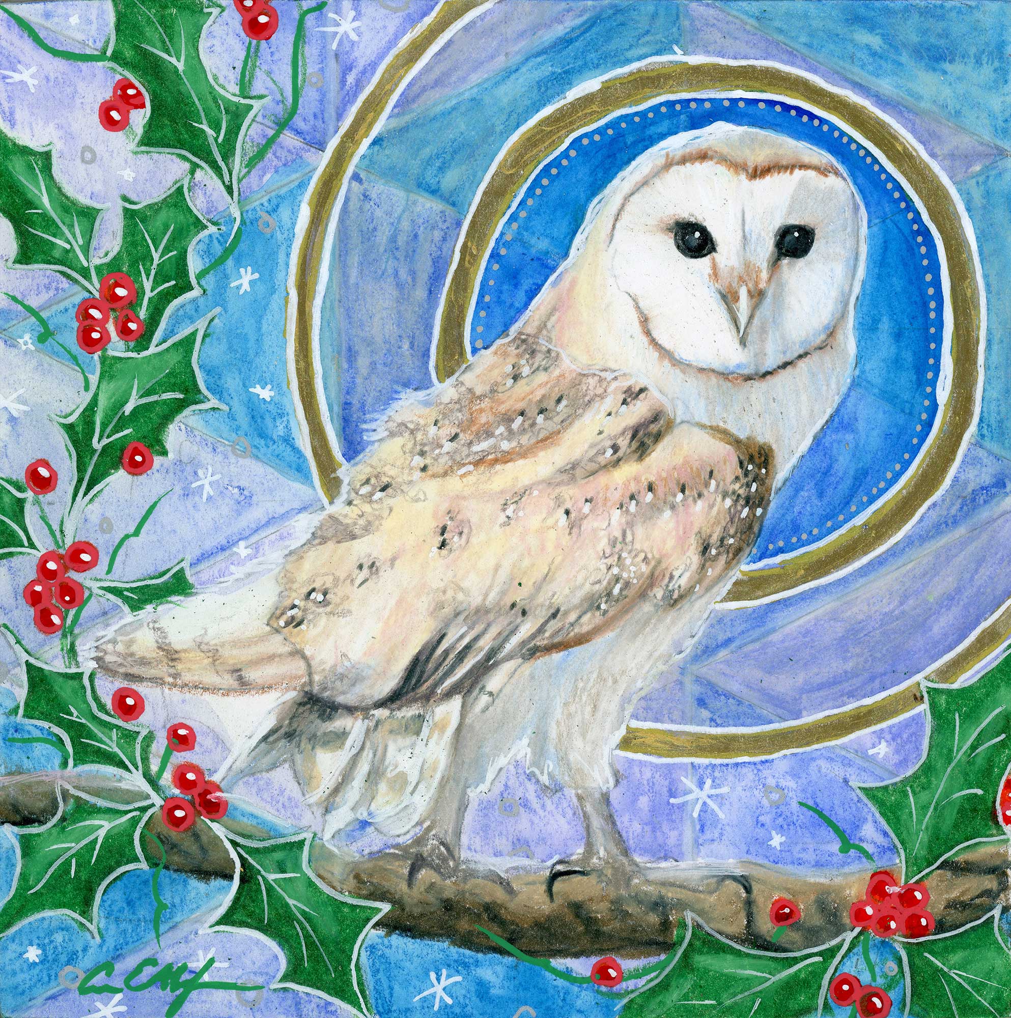 SOLD - Barn Owl and Holly