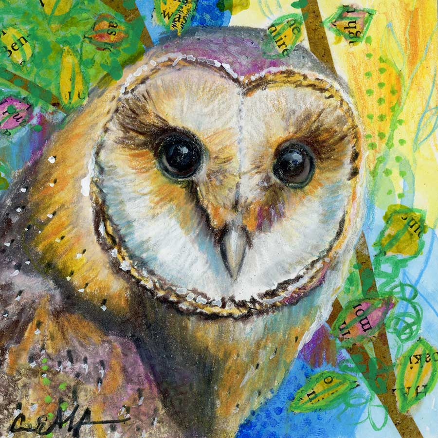 SOLD - Barn Owl Gazing, 4" x 4", mixed media