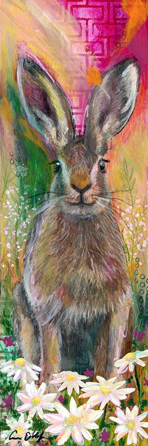 SOLD - Bunny in Daisies, 4" x 12", mixed media
