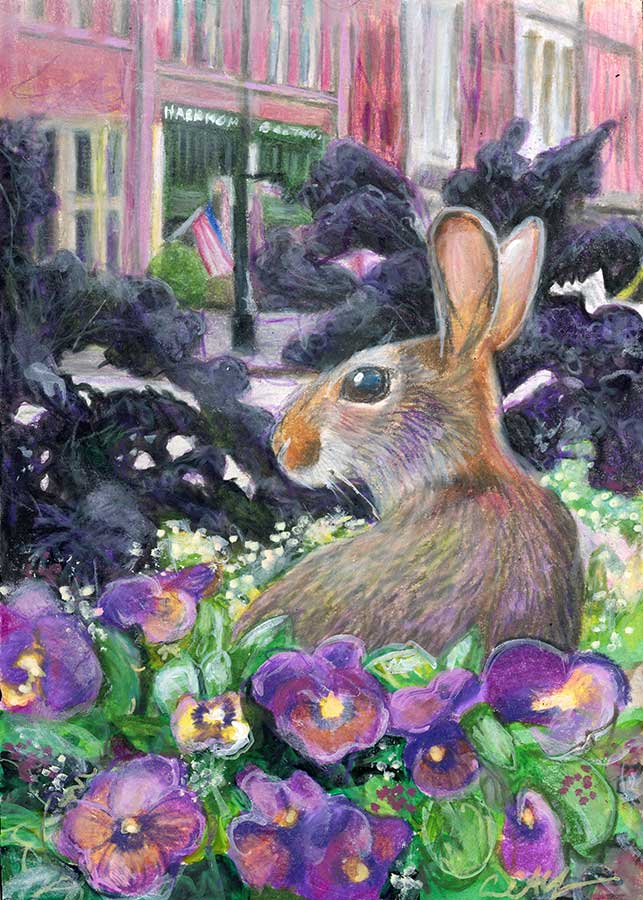 Bunny on Eustis Ave, 5" x 7", mixed media