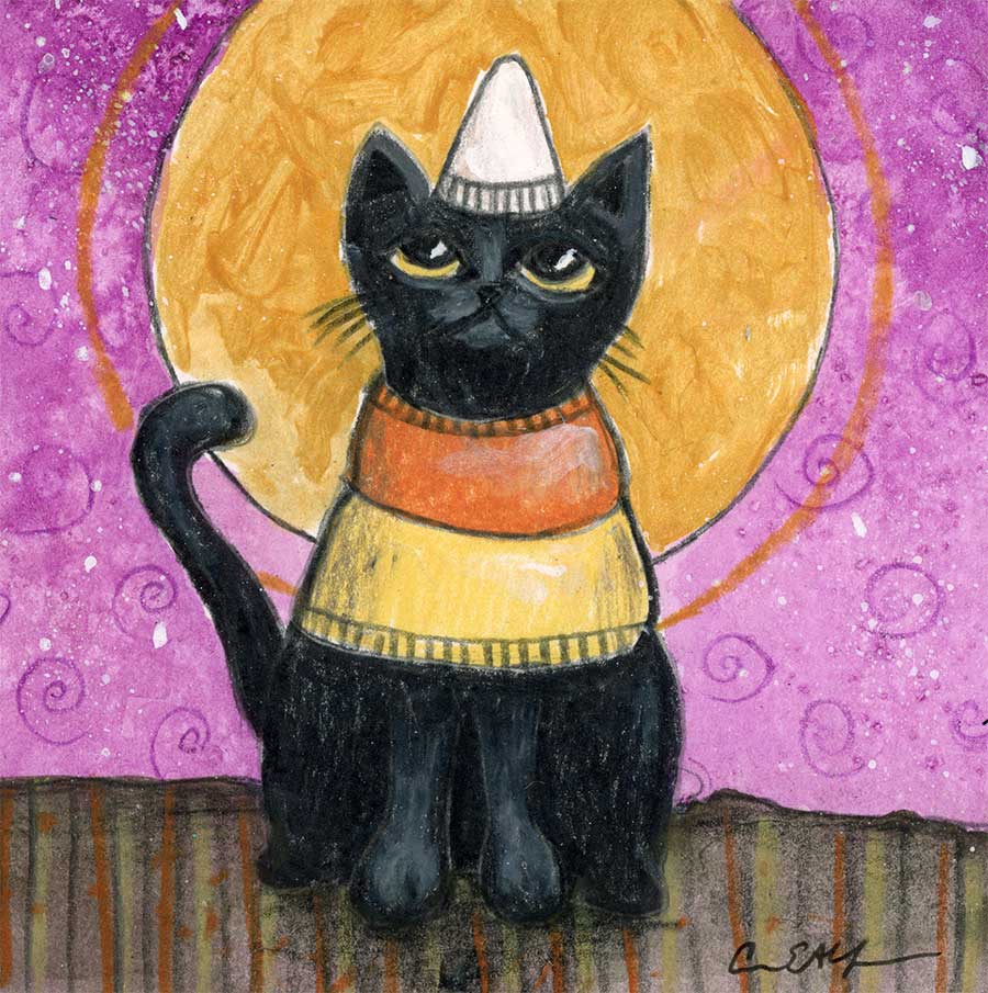 SOLD - Candy Corn Cat, 4" x 4", mixed media
