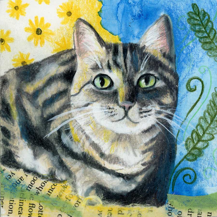 SOLD - Cat by Candlelight, 4" x 4", mixed media