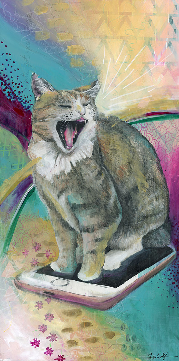 SOLD - Cat's Go Your Tongue, 12" x 24", mixed media