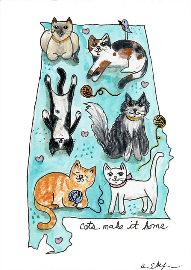 SOLD - Cats Make It Home #2, 5" x 7", mixed media