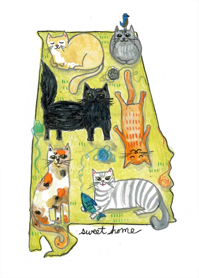 SOLD - Cats Make It Home, 5" x 7", mixed media