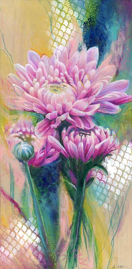 Chrysanthemums, 12" x 24", mixed media