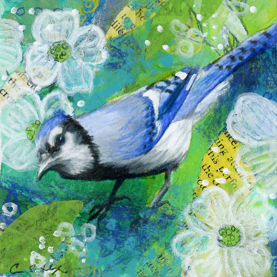 SOLD - Curious Bluejay, 4" x 4", mixed media