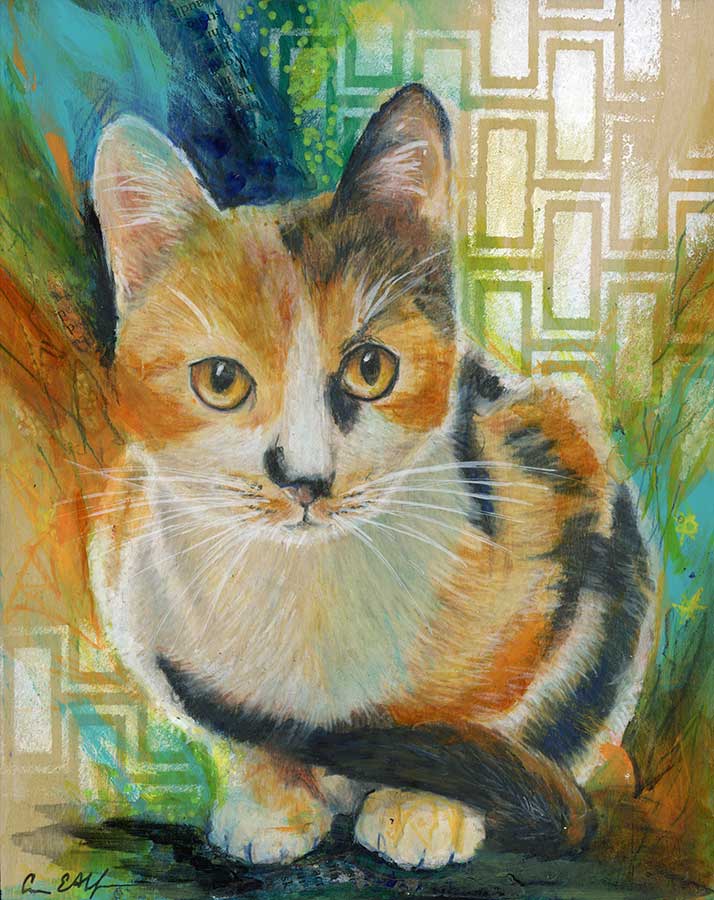Curious Calico, 8" x 10", mixed media