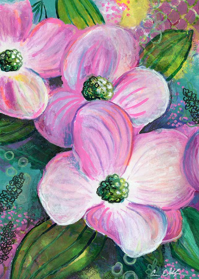 Dazzling Dogwoods, 5" x 7", mixed media