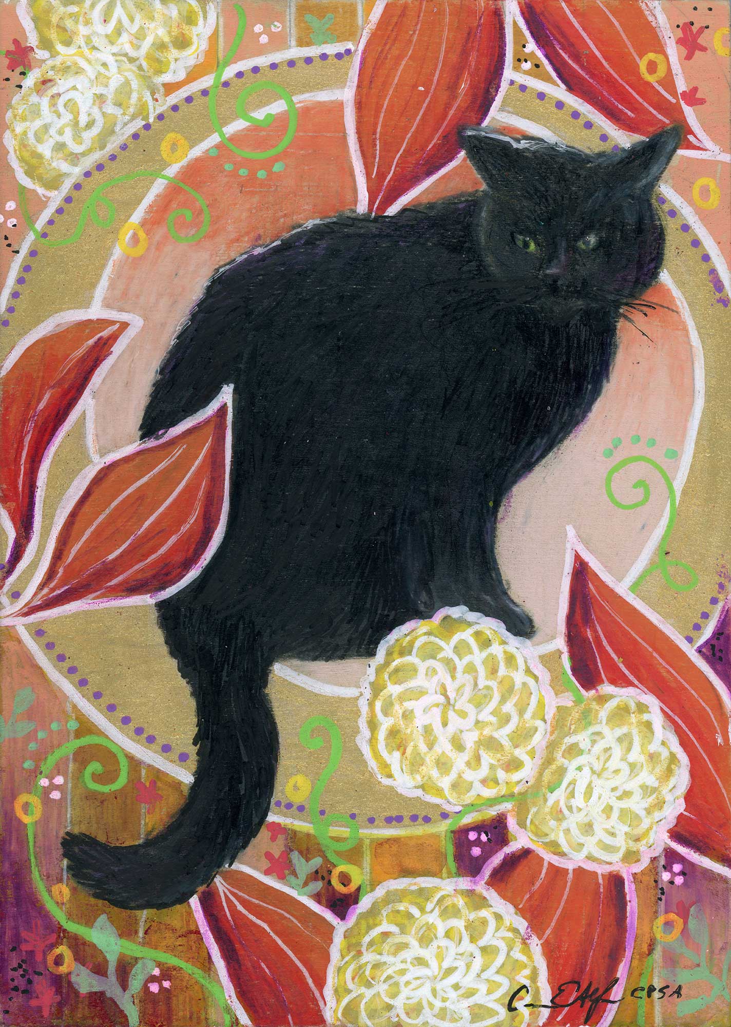 SOLD - "Fall Black Cat", 5" x 7", mixed media