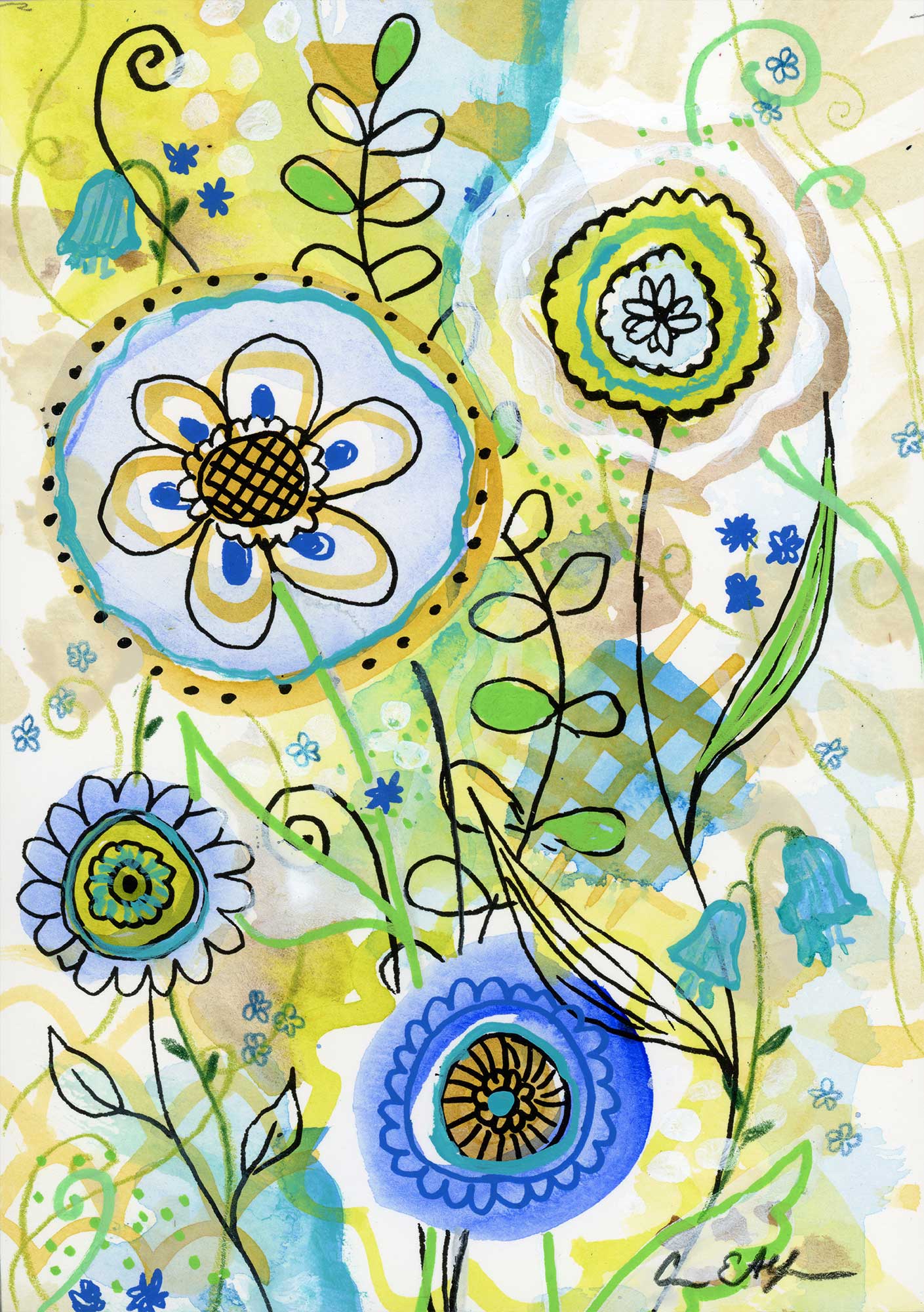Flowers Dance #1, 5" x 7", mixed media