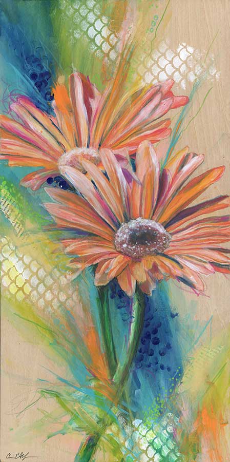 Gerbera Daisies, 12" x 24", mixed media