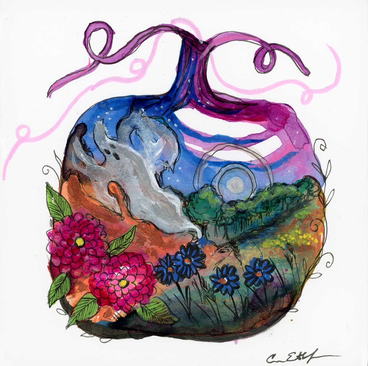 SOLD - Ghostly Pumpkin, 4" x 4", mixed media