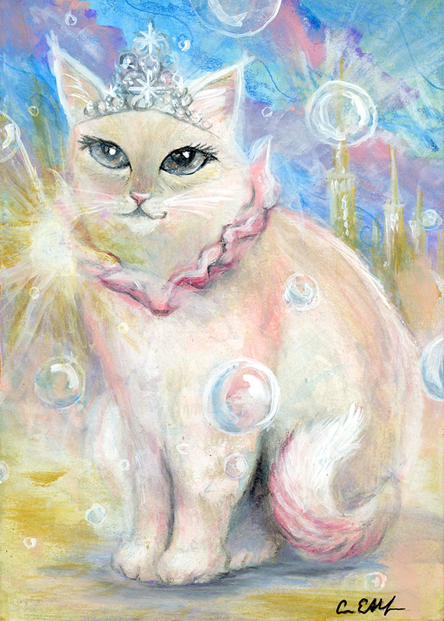 SOLD - Glinda Cat, 5" x 7", mixed media