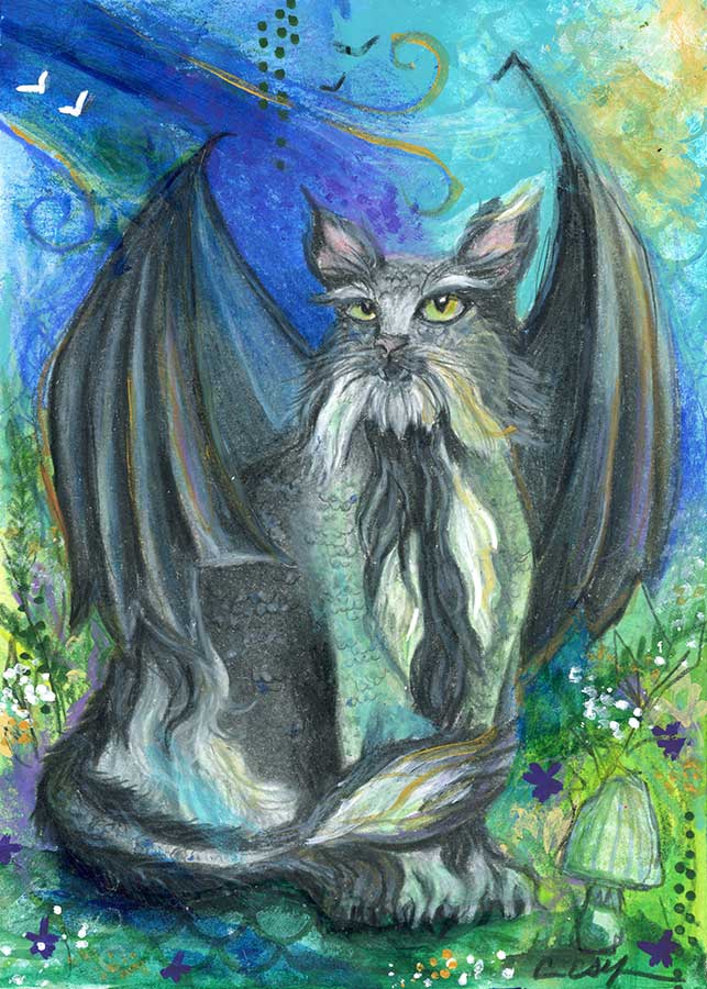 SOLD - Goth Cat Dragon, 5" x 7", mixed media