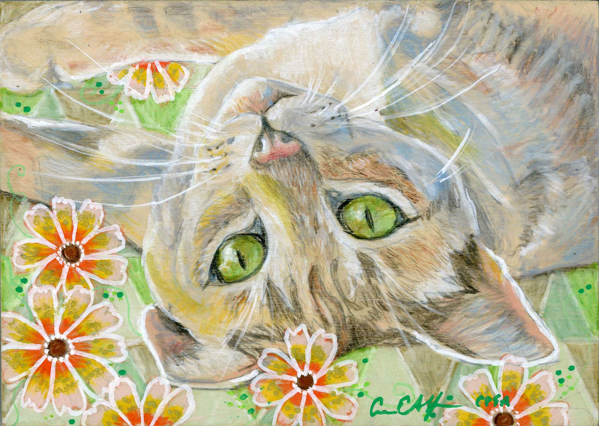 SOLD - "Green Eyes", 7" x 5", mixed media