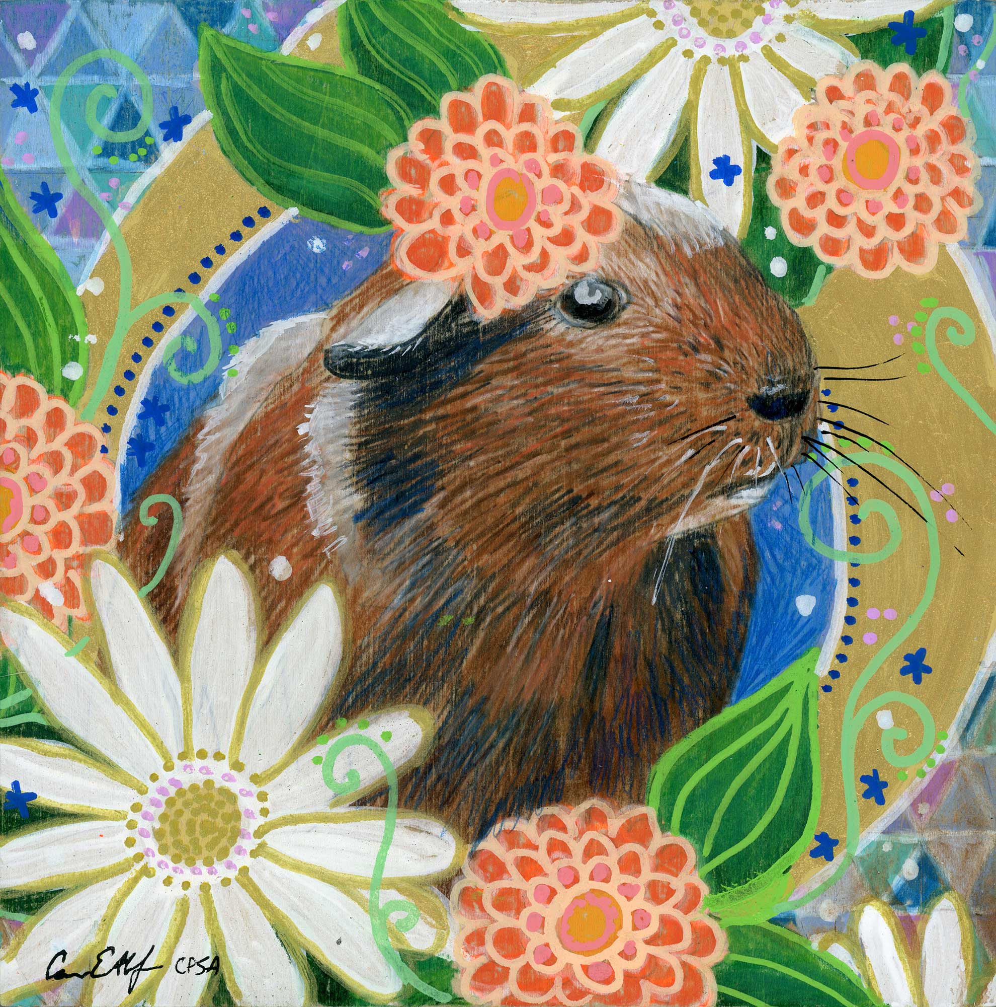SOLD - "Guinea Pig in Flowers", 6" x 6", mixed media