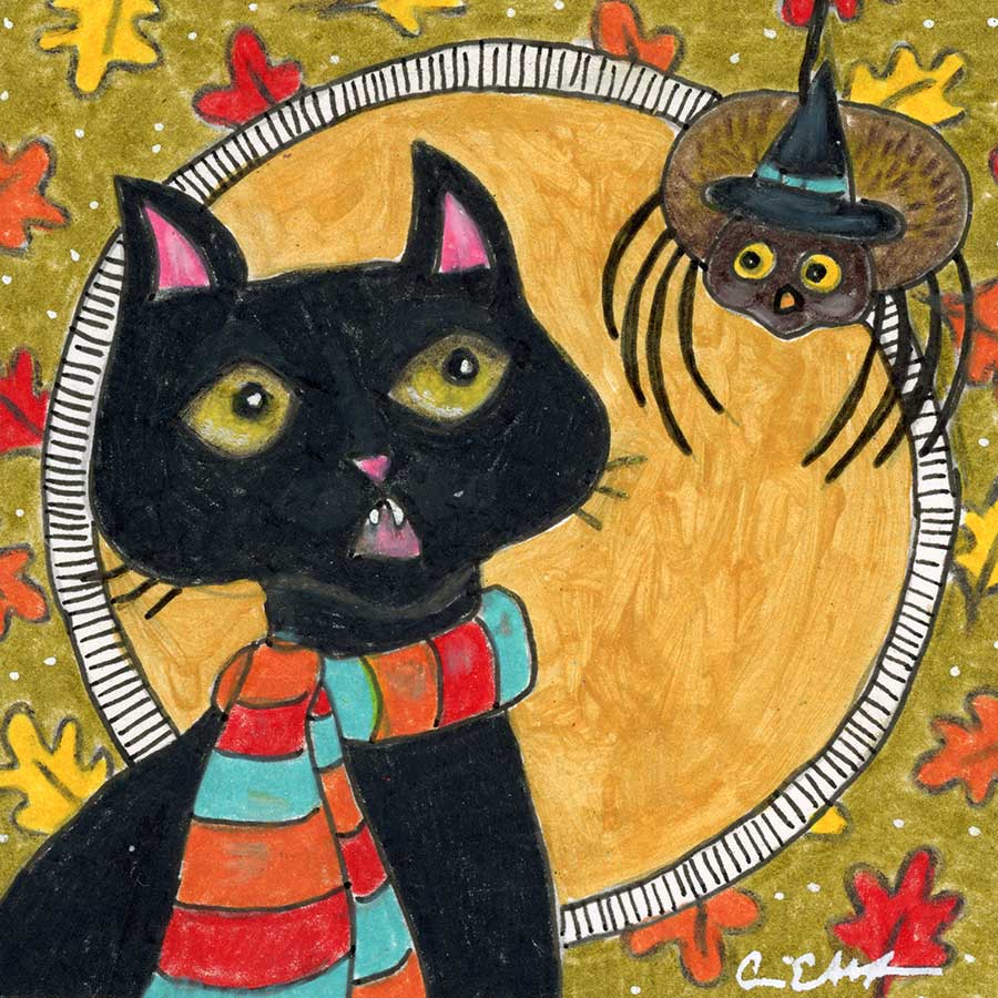 SOLD - Halloween Surprise, 4" x 4", mixed media